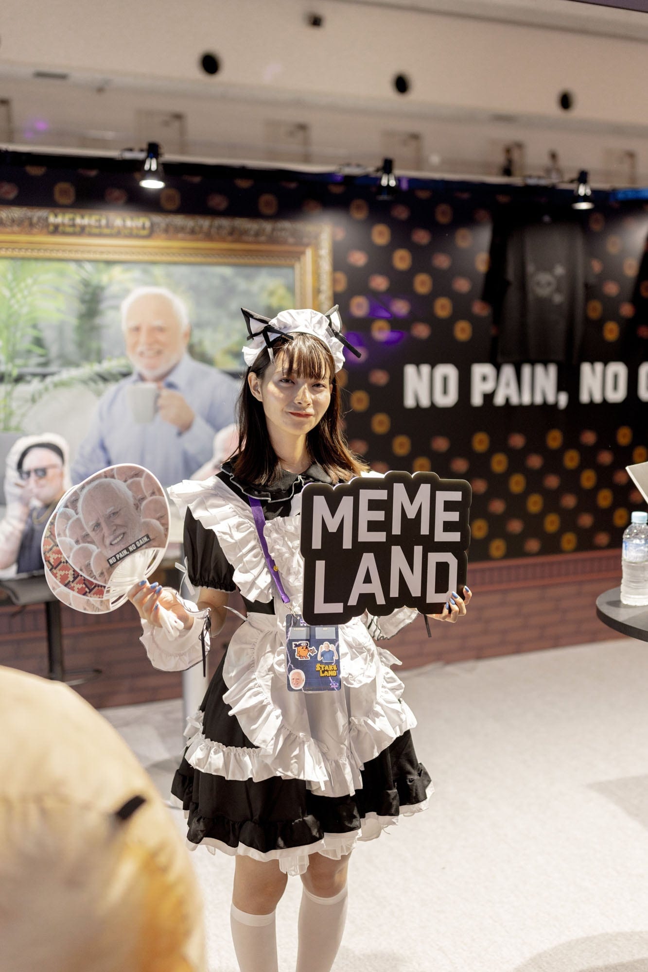 Memeland attendee in front of the Hide The Pain Harold installation at IVS Kyoto