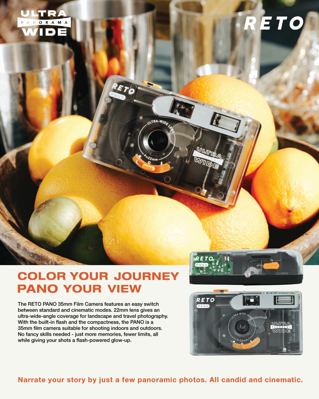 Reto Pano 35mm camera product photograph with citrus fruit