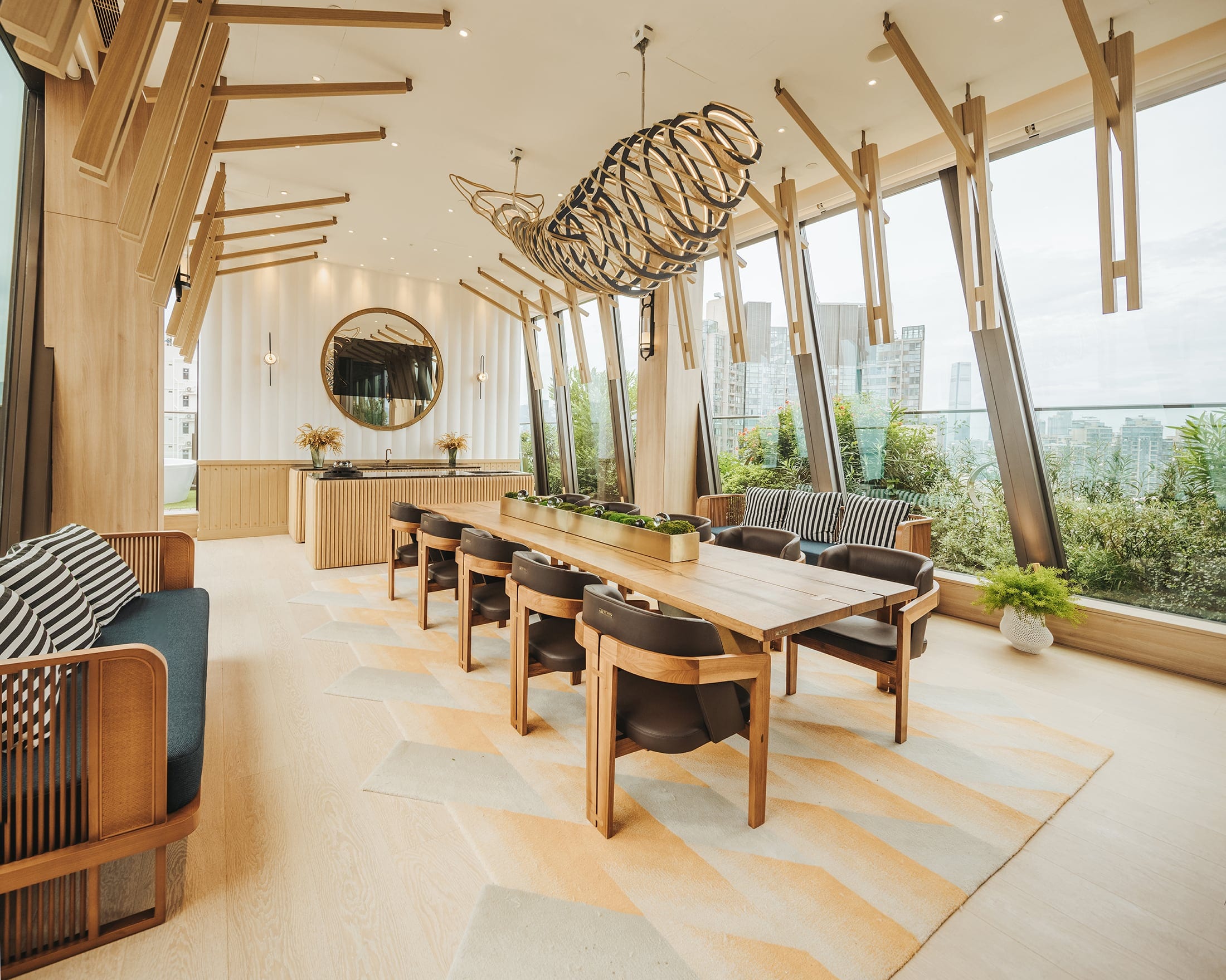 The Vantage dining room with timber details and panoramic windows