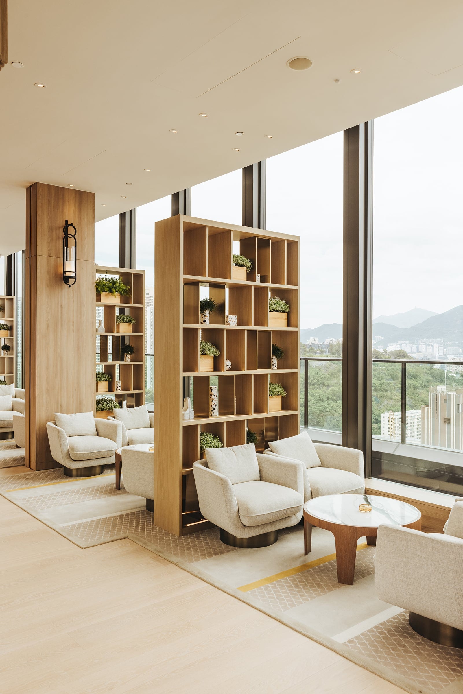 The Vantage lounge shelving beside the window wall
