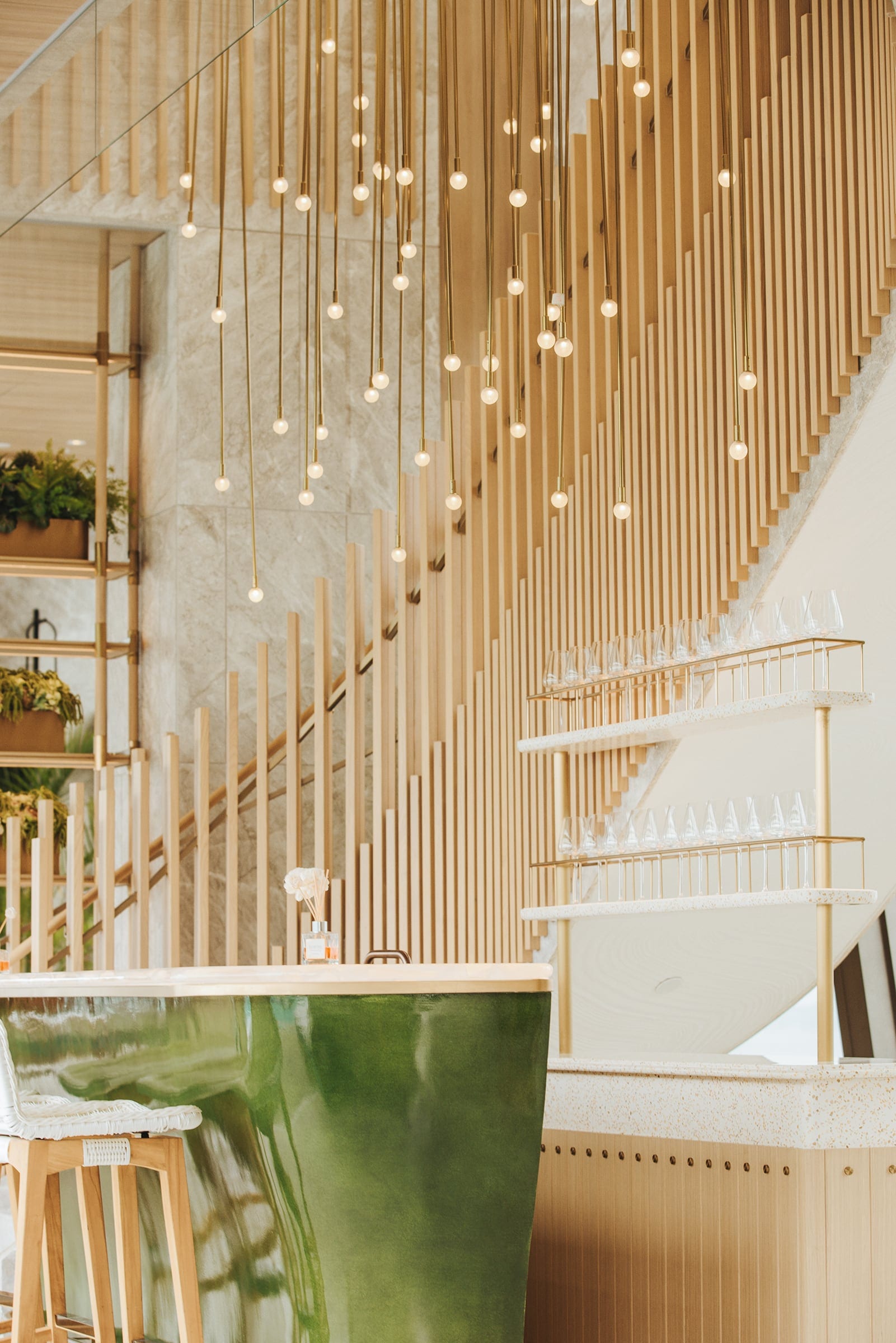 The Vantage hanging lights and timber slatted wall